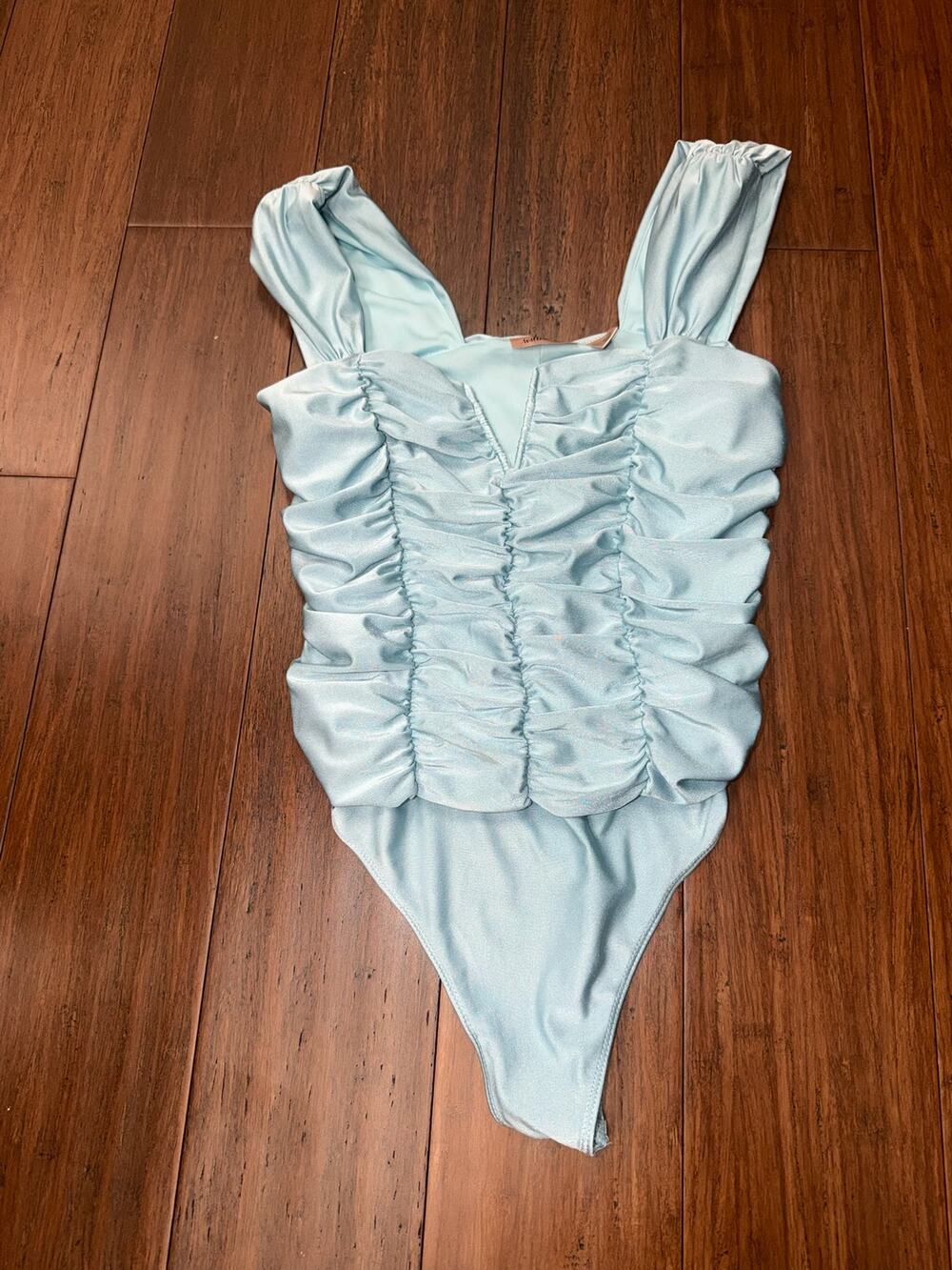 light blue satin ruched bodysuit Top Willow-Root NWT Small
